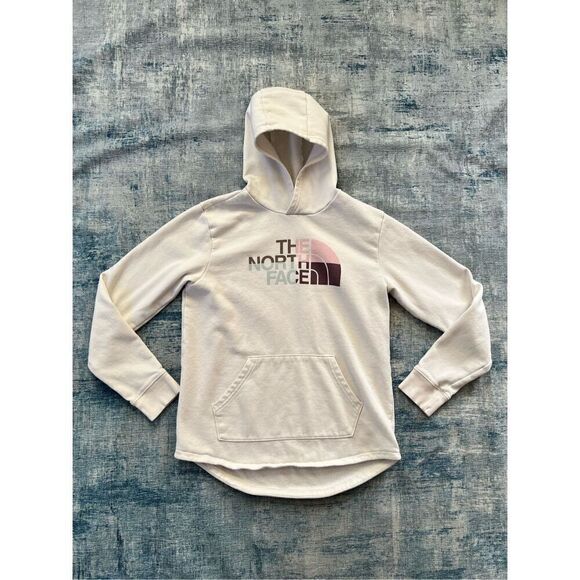 The North Face White Pink Logo Front Camp Fleece Pullover Hoodie Girls XL - Picture 1 of 5